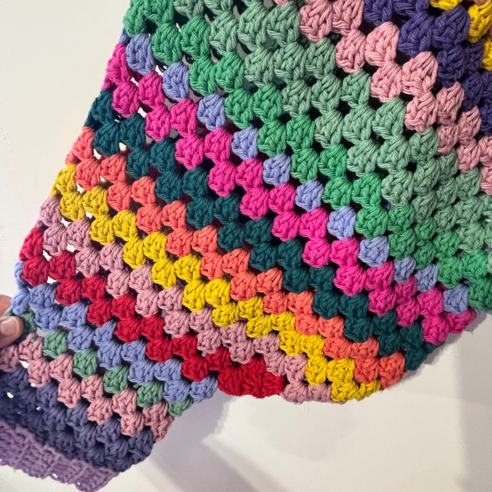 Handmade Crochet Patchwork Sweater Rainbow Granny Square Checkerboard Cropped - Picture 6 of 10